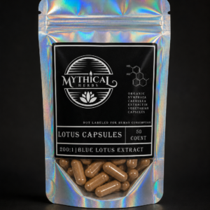 Blue Lotus Extract 200:1 capsules bottle. Blue Lotus pills. Nymphea Caerulea Flower, relaxation