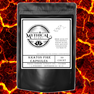 Kratos Fire capsules made with vitamins, amino acids and herbs for motivation
